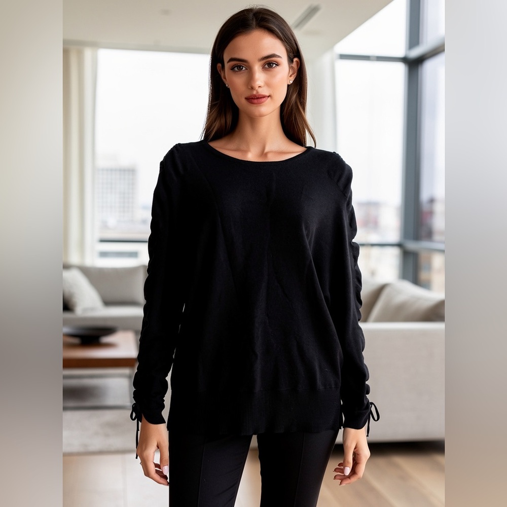 Alfani Black Ruched Sleeve Knit Top Crewneck Long Sleeve Sz L